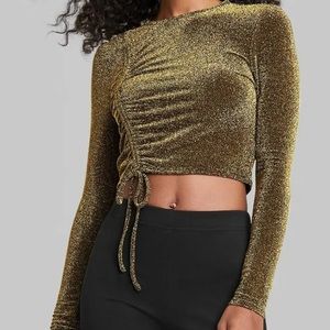 Wild Fable Sparkly Gold Ruched Long Sleeve Crop Top